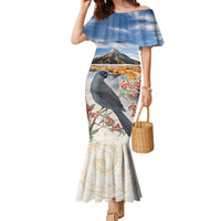 New Zealand Mount Taranaki Landscape Family Matching Mermaid Dress and Hawaiian Shirt Kokako Bird Polynesian Style LT05 Mom's Dress Blue - Polynesian Pride