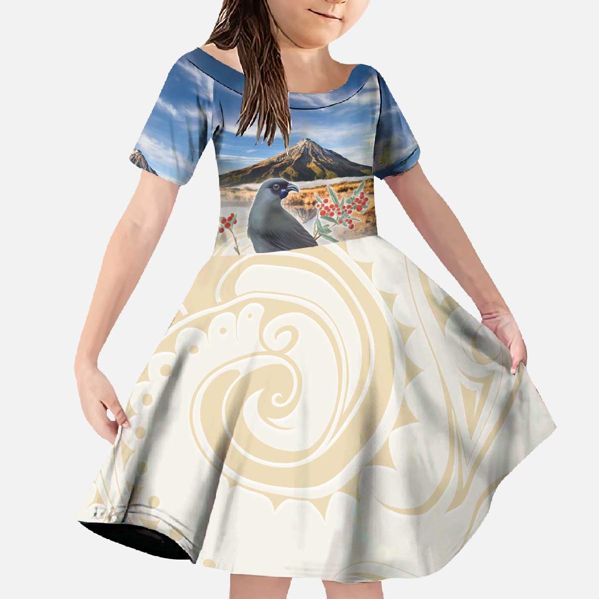 New Zealand Mount Taranaki Landscape Family Matching Off The Shoulder Long Sleeve Dress and Hawaiian Shirt Kokako Bird Polynesian Style LT05 Daughter's Dress Blue - Polynesian Pride