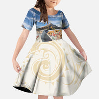New Zealand Mount Taranaki Landscape Family Matching Off The Shoulder Long Sleeve Dress and Hawaiian Shirt Kokako Bird Polynesian Style LT05 Daughter's Dress Blue - Polynesian Pride