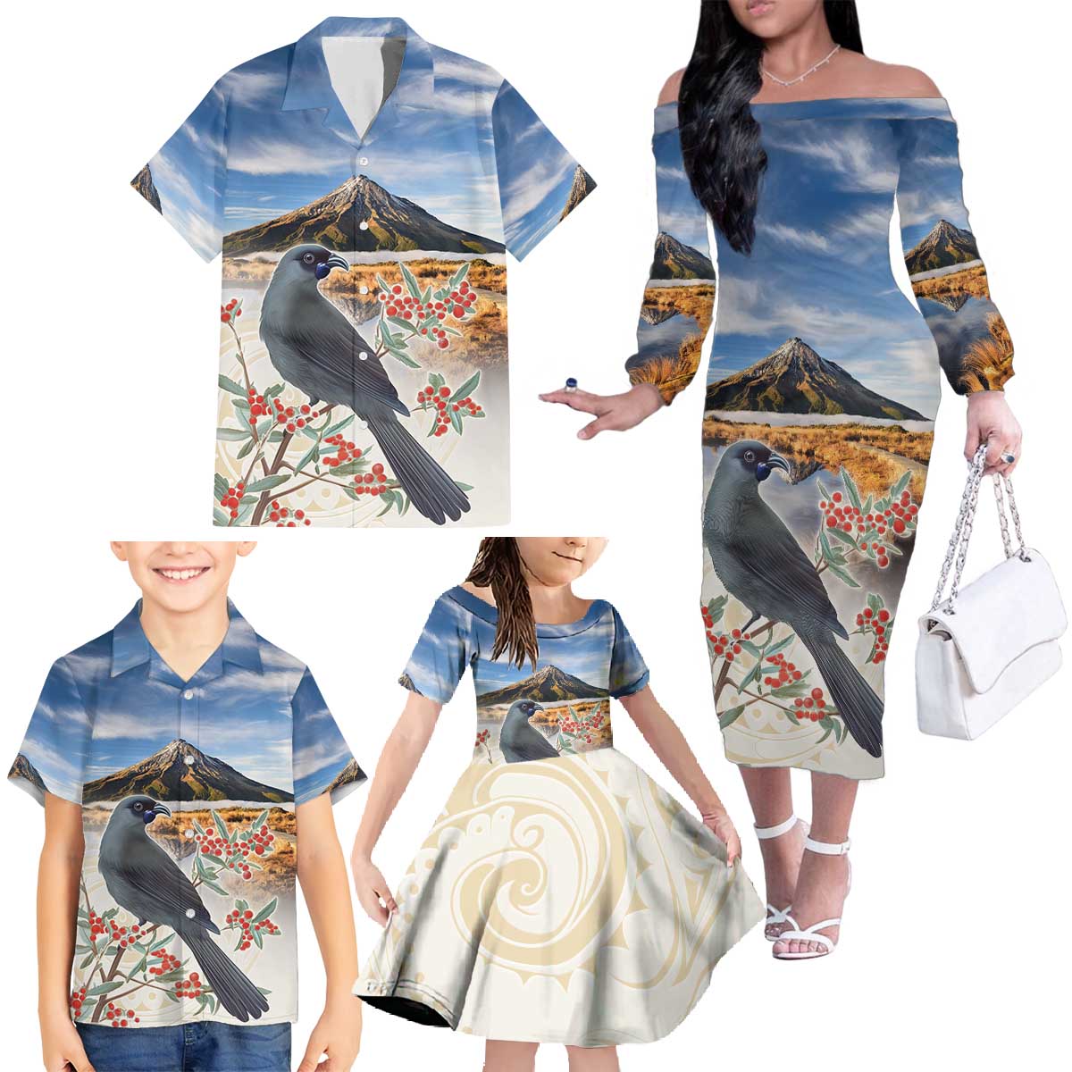 New Zealand Mount Taranaki Landscape Family Matching Off The Shoulder Long Sleeve Dress and Hawaiian Shirt Kokako Bird Polynesian Style LT05 - Polynesian Pride