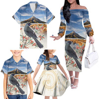 New Zealand Mount Taranaki Landscape Family Matching Off The Shoulder Long Sleeve Dress and Hawaiian Shirt Kokako Bird Polynesian Style LT05 - Polynesian Pride