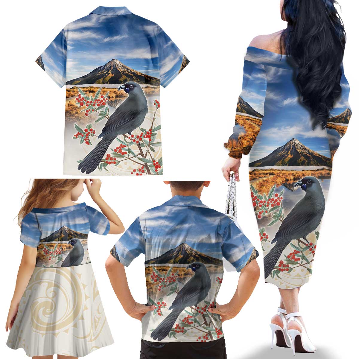 New Zealand Mount Taranaki Landscape Family Matching Off The Shoulder Long Sleeve Dress and Hawaiian Shirt Kokako Bird Polynesian Style LT05 - Polynesian Pride