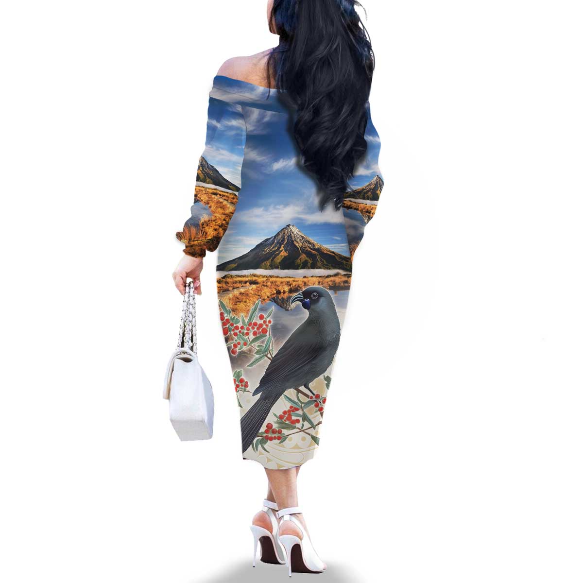 New Zealand Mount Taranaki Landscape Family Matching Off The Shoulder Long Sleeve Dress and Hawaiian Shirt Kokako Bird Polynesian Style LT05 - Polynesian Pride