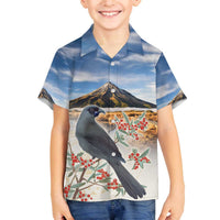 New Zealand Mount Taranaki Landscape Family Matching Off The Shoulder Long Sleeve Dress and Hawaiian Shirt Kokako Bird Polynesian Style LT05 Son's Shirt Blue - Polynesian Pride