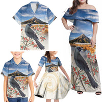 New Zealand Mount Taranaki Landscape Family Matching Off Shoulder Maxi Dress and Hawaiian Shirt Kokako Bird Polynesian Style LT05 - Polynesian Pride