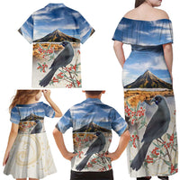 New Zealand Mount Taranaki Landscape Family Matching Off Shoulder Maxi Dress and Hawaiian Shirt Kokako Bird Polynesian Style LT05 - Polynesian Pride
