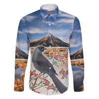 New Zealand Mount Taranaki Landscape Family Matching Off Shoulder Maxi Dress and Hawaiian Shirt Kokako Bird Polynesian Style LT05 Dad's Shirt - Long Sleeve Blue - Polynesian Pride