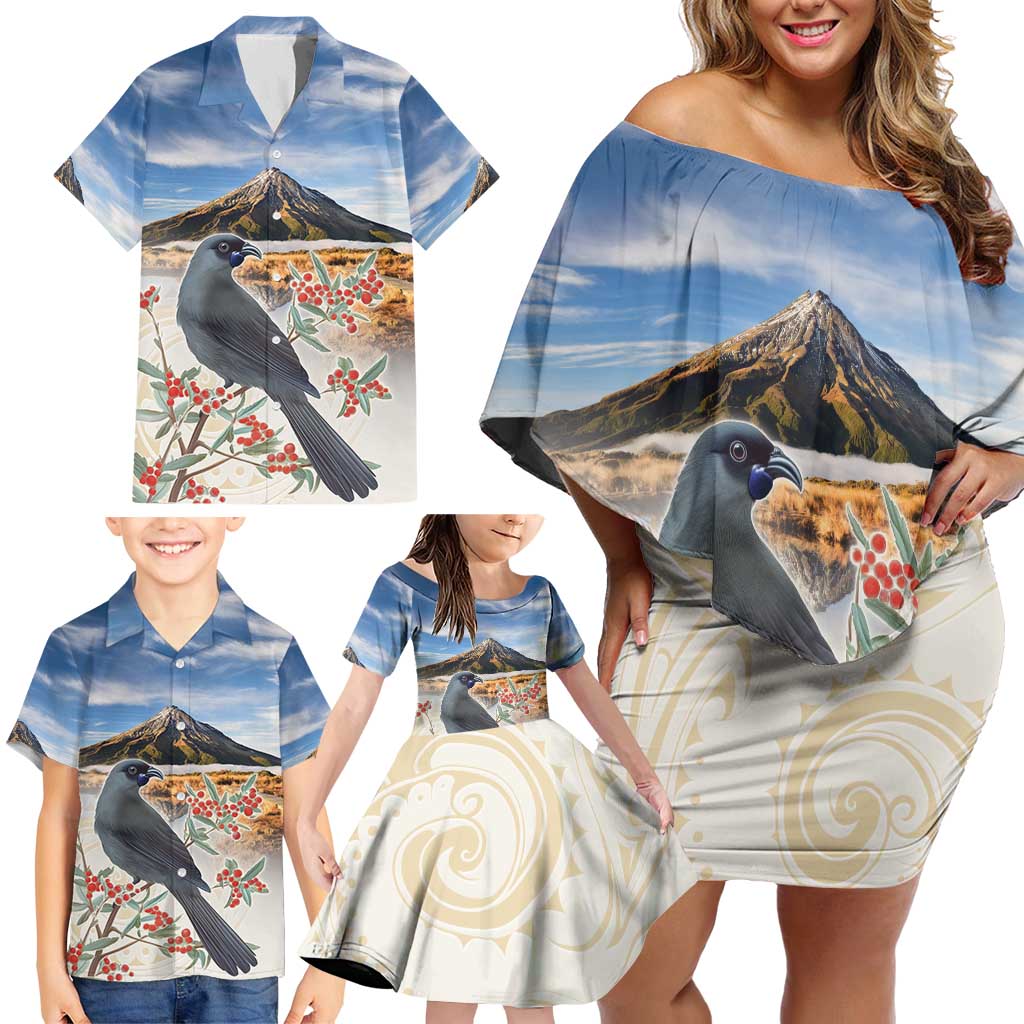New Zealand Mount Taranaki Landscape Family Matching Off Shoulder Short Dress and Hawaiian Shirt Kokako Bird Polynesian Style LT05 - Polynesian Pride