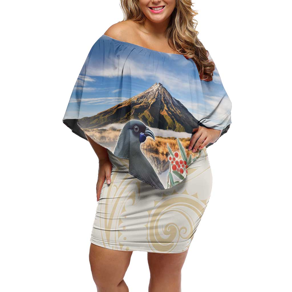New Zealand Mount Taranaki Landscape Family Matching Off Shoulder Short Dress and Hawaiian Shirt Kokako Bird Polynesian Style LT05 Mom's Dress Blue - Polynesian Pride