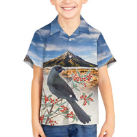New Zealand Mount Taranaki Landscape Family Matching Puletasi and Hawaiian Shirt Kokako Bird Polynesian Style LT05 Son's Shirt Blue - Polynesian Pride