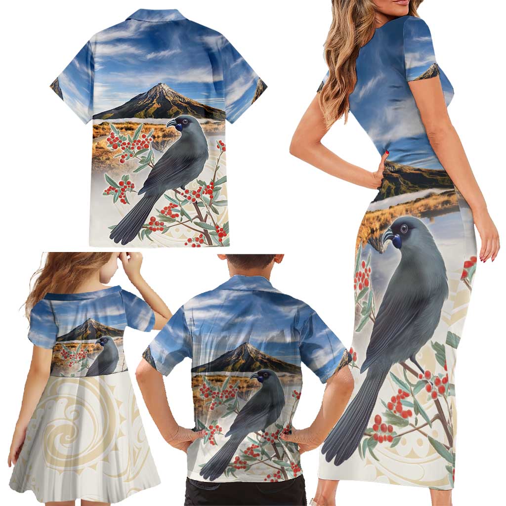 New Zealand Mount Taranaki Landscape Family Matching Short Sleeve Bodycon Dress and Hawaiian Shirt Kokako Bird Polynesian Style LT05 - Polynesian Pride