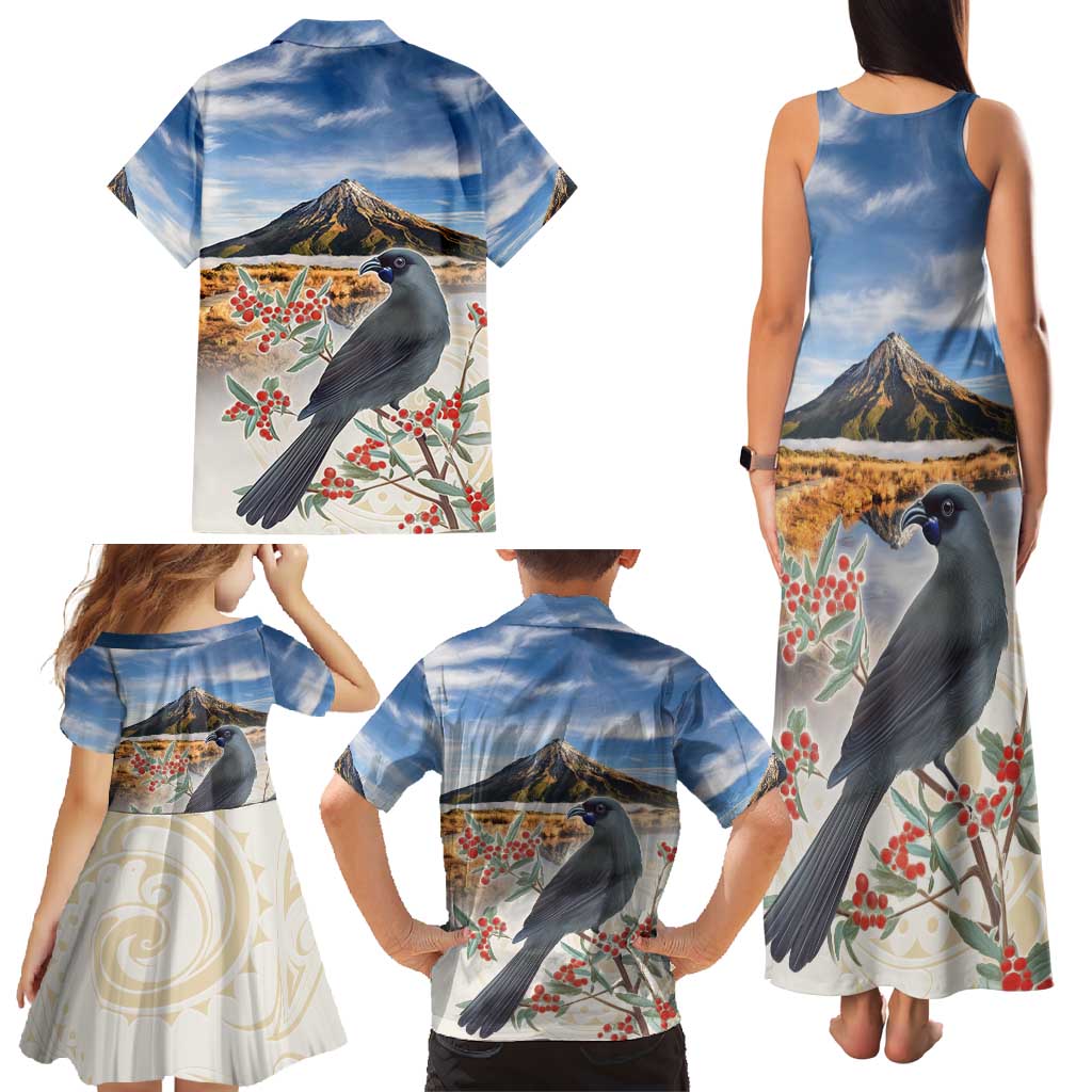 New Zealand Mount Taranaki Landscape Family Matching Tank Maxi Dress and Hawaiian Shirt Kokako Bird Polynesian Style LT05 - Polynesian Pride