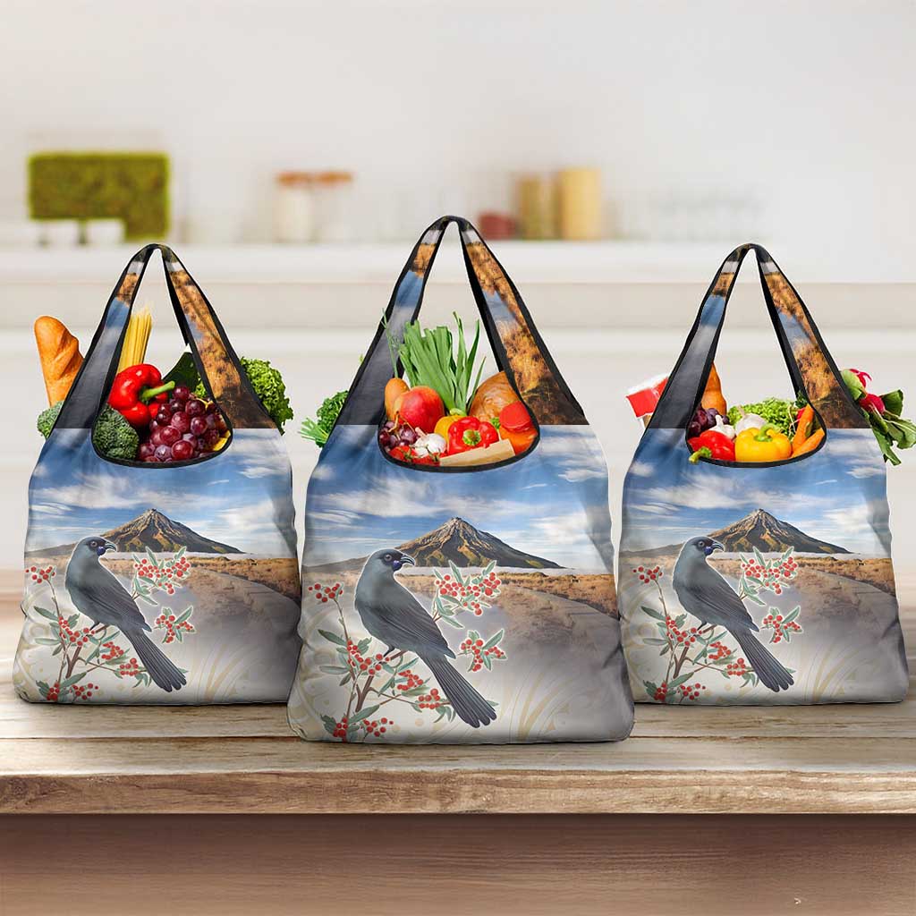 New Zealand Mount Taranaki Landscape Grocery Bag Kokako Bird Polynesian Style