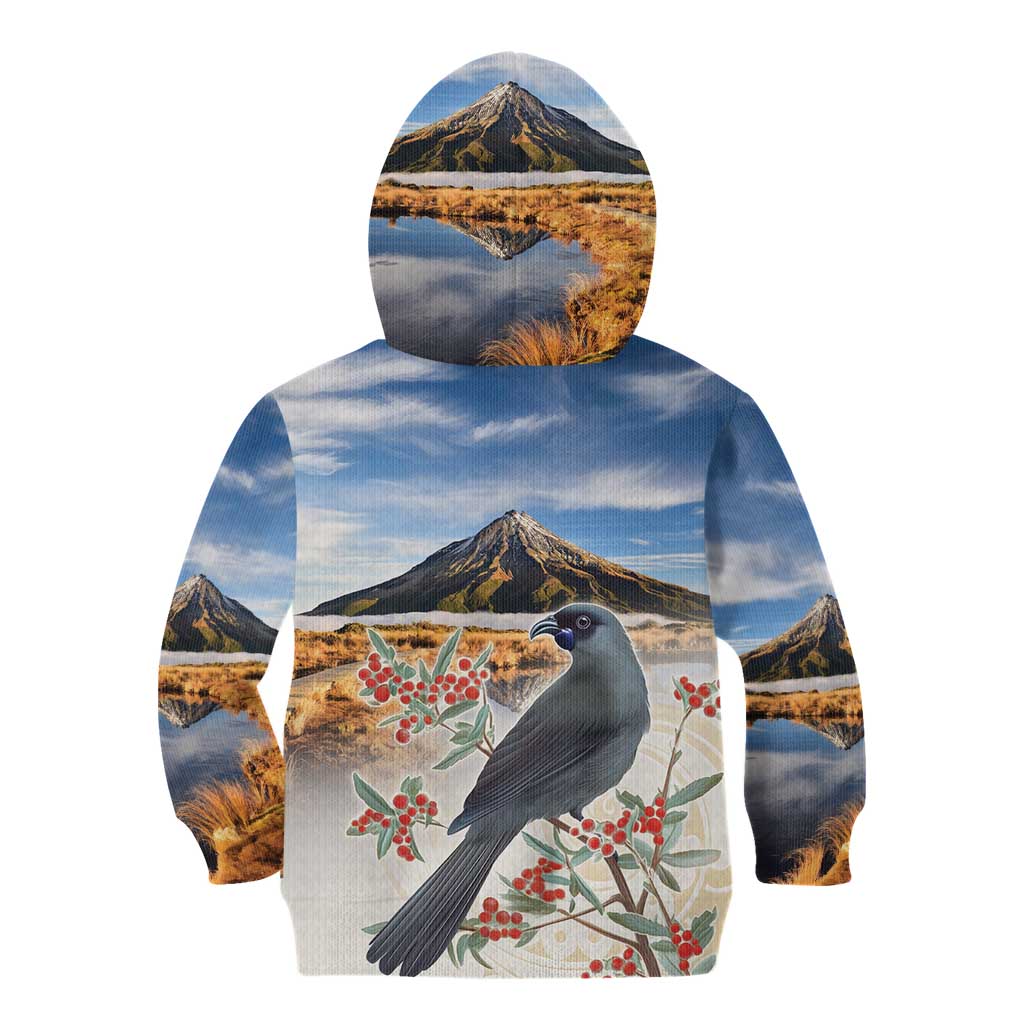 New Zealand Mount Taranaki Landscape Kid Hoodie Kokako Bird Polynesian Style LT05 - Polynesian Pride