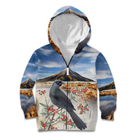 New Zealand Mount Taranaki Landscape Kid Hoodie Kokako Bird Polynesian Style LT05 Zip Hoodie Blue - Polynesian Pride