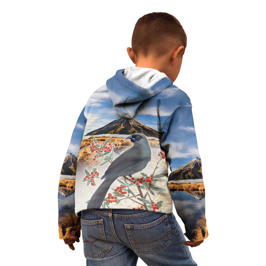 New Zealand Mount Taranaki Landscape Kid Hoodie Kokako Bird Polynesian Style LT05 - Polynesian Pride