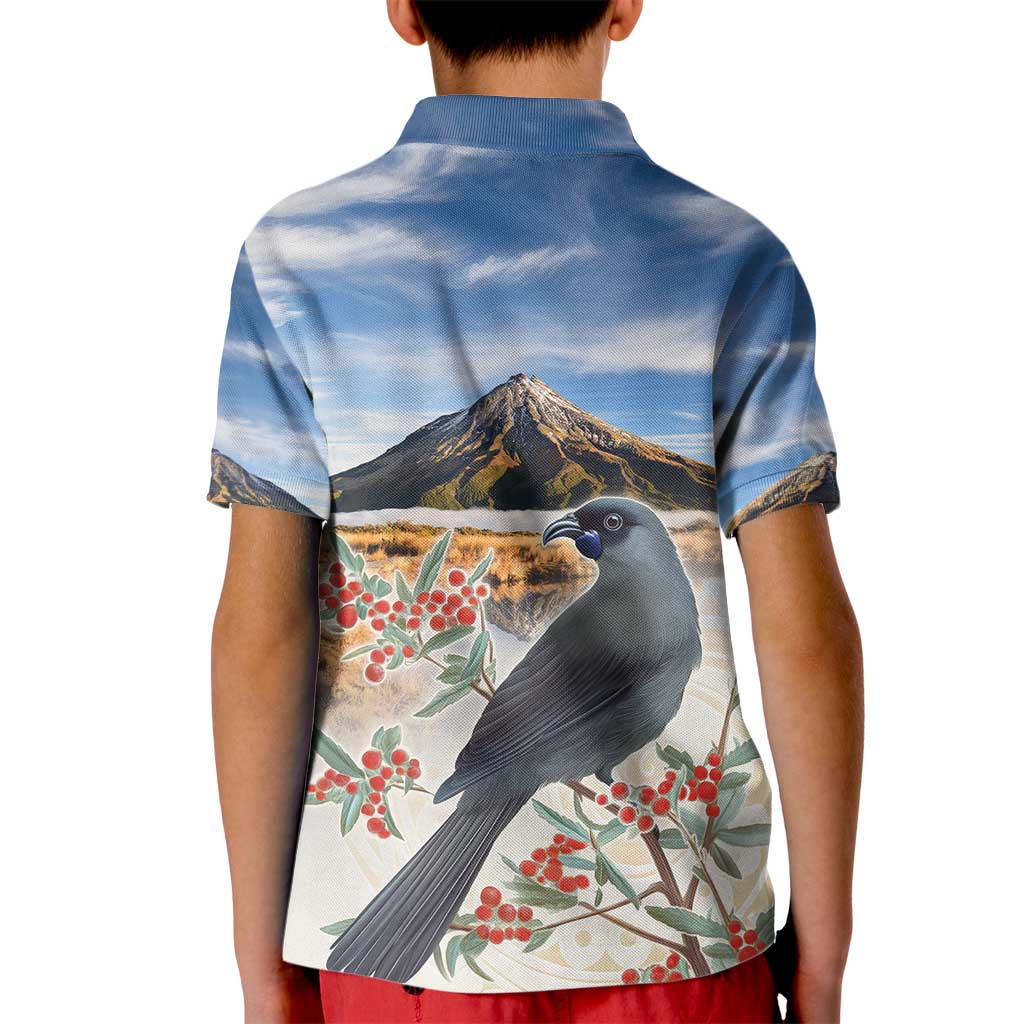New Zealand Mount Taranaki Landscape Kid Polo Shirt Kokako Bird Polynesian Style LT05 - Polynesian Pride