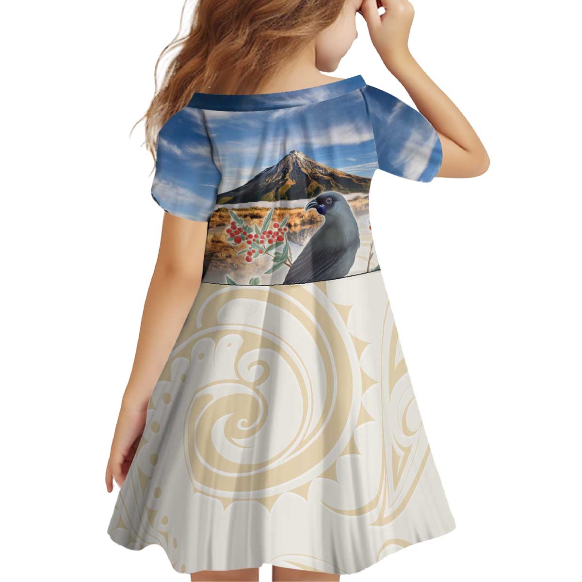New Zealand Mount Taranaki Landscape Kid Short Sleeve Dress Kokako Bird Polynesian Style LT05 - Polynesian Pride