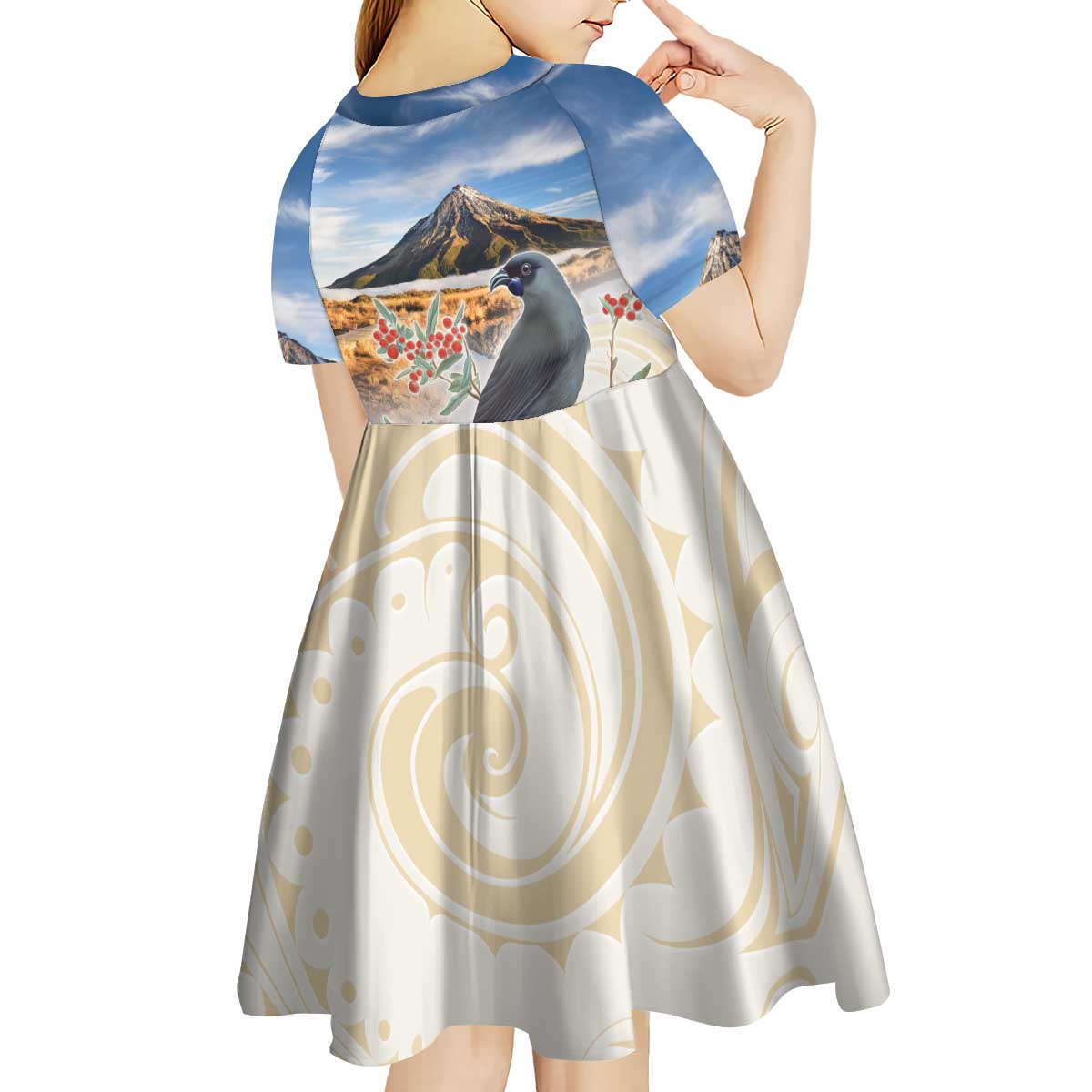 New Zealand Mount Taranaki Landscape Kid Short Sleeve Dress Kokako Bird Polynesian Style LT05 - Polynesian Pride
