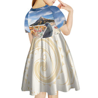 New Zealand Mount Taranaki Landscape Kid Short Sleeve Dress Kokako Bird Polynesian Style LT05 - Polynesian Pride