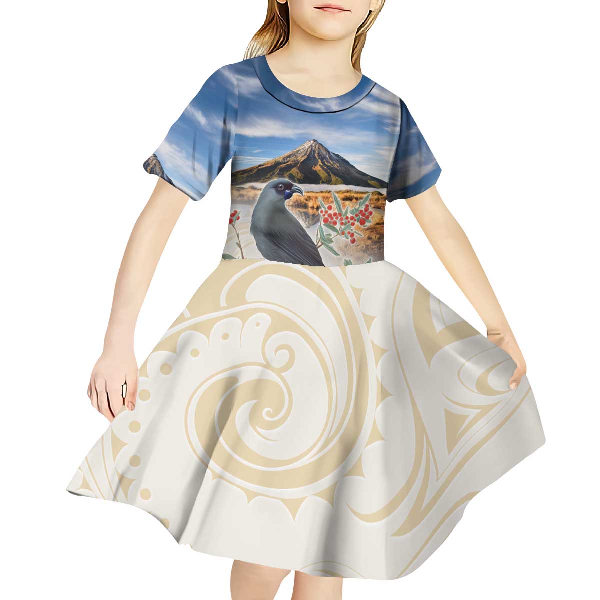 New Zealand Mount Taranaki Landscape Kid Short Sleeve Dress Kokako Bird Polynesian Style LT05 - Polynesian Pride