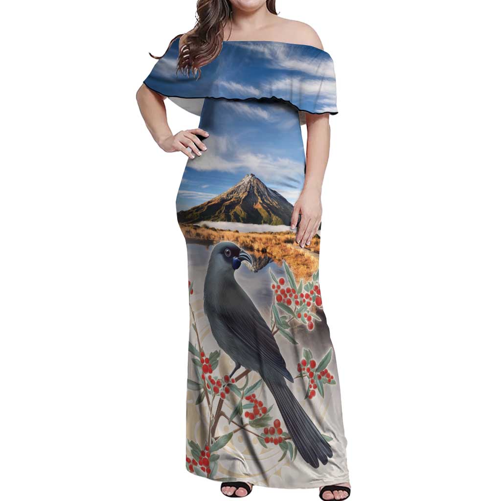New Zealand Mount Taranaki Landscape Off Shoulder Maxi Dress Kokako Bird Polynesian Style LT05 Women Blue - Polynesian Pride