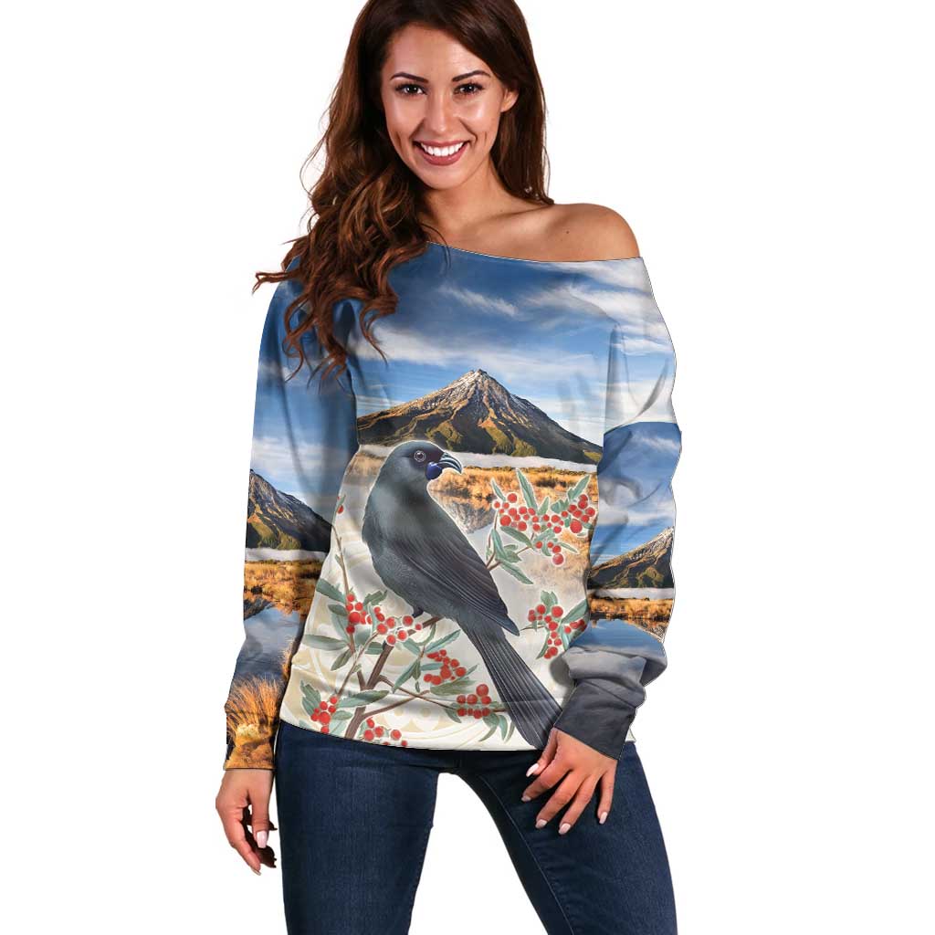 New Zealand Mount Taranaki Landscape Off Shoulder Sweater Kokako Bird Polynesian Style LT05 Women Blue - Polynesian Pride