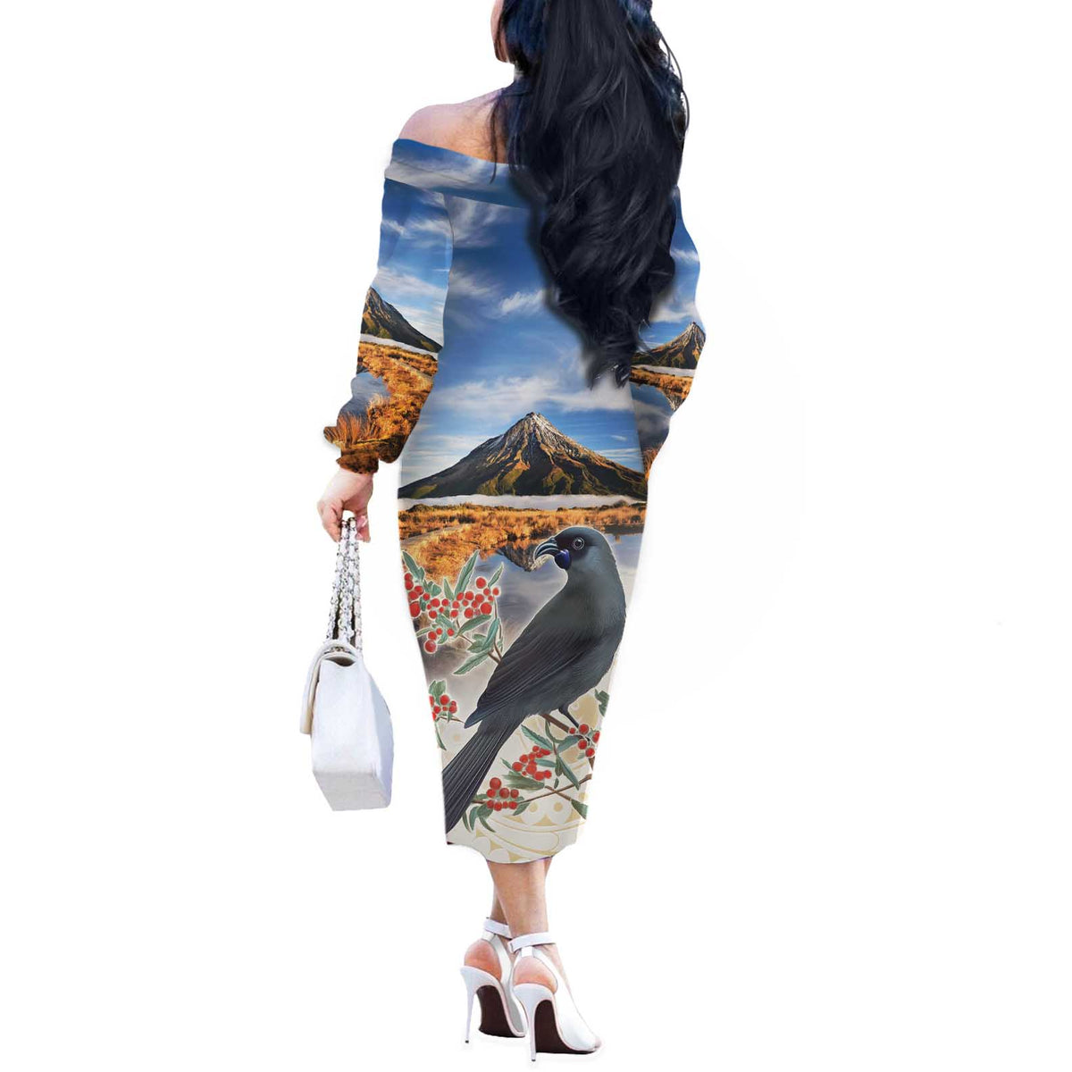 New Zealand Mount Taranaki Landscape Off The Shoulder Long Sleeve Dress Kokako Bird Polynesian Style LT05 - Polynesian Pride