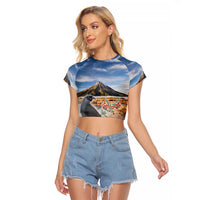 New Zealand Mount Taranaki Landscape Raglan Cropped T Shirt Kokako Bird Polynesian Style LT05 Female Blue - Polynesian Pride