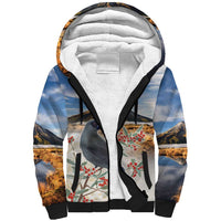New Zealand Mount Taranaki Landscape Sherpa Hoodie Kokako Bird Polynesian Style LT05 Unisex Blue - Polynesian Pride