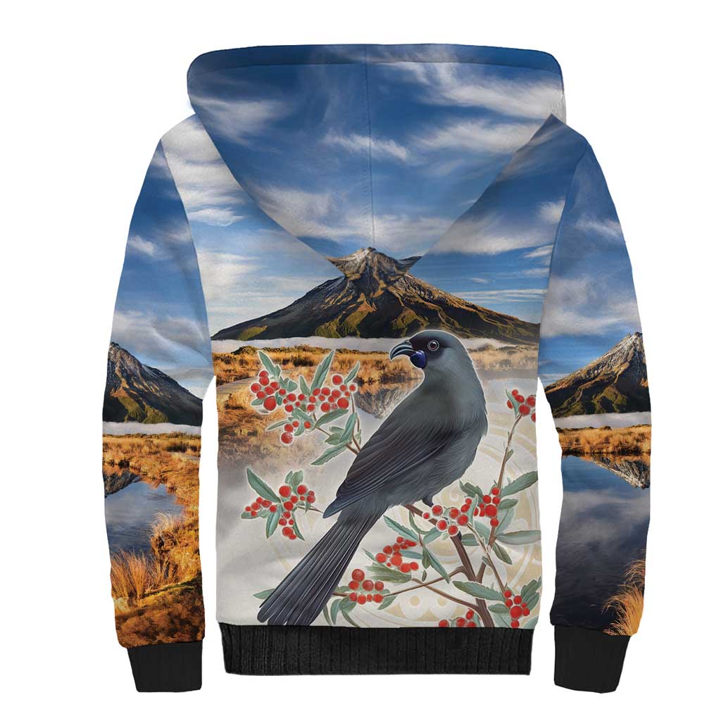 New Zealand Mount Taranaki Landscape Sherpa Hoodie Kokako Bird Polynesian Style LT05 - Polynesian Pride
