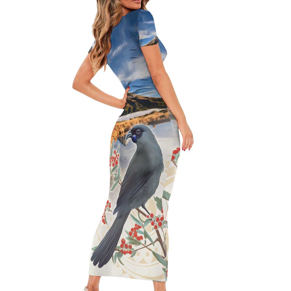 New Zealand Mount Taranaki Landscape Short Sleeve Bodycon Dress Kokako Bird Polynesian Style LT05 - Polynesian Pride