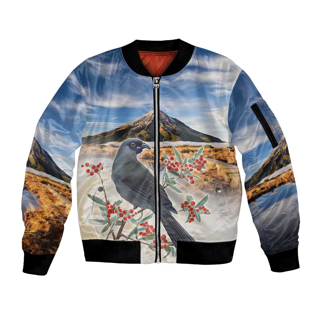New Zealand Mount Taranaki Landscape Sleeve Zip Bomber Jacket Kokako Bird Polynesian Style LT05 Unisex Blue - Polynesian Pride