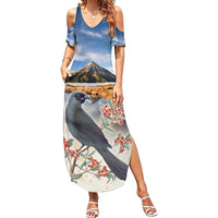 New Zealand Mount Taranaki Landscape Summer Maxi Dress Kokako Bird Polynesian Style LT05 Women Blue - Polynesian Pride