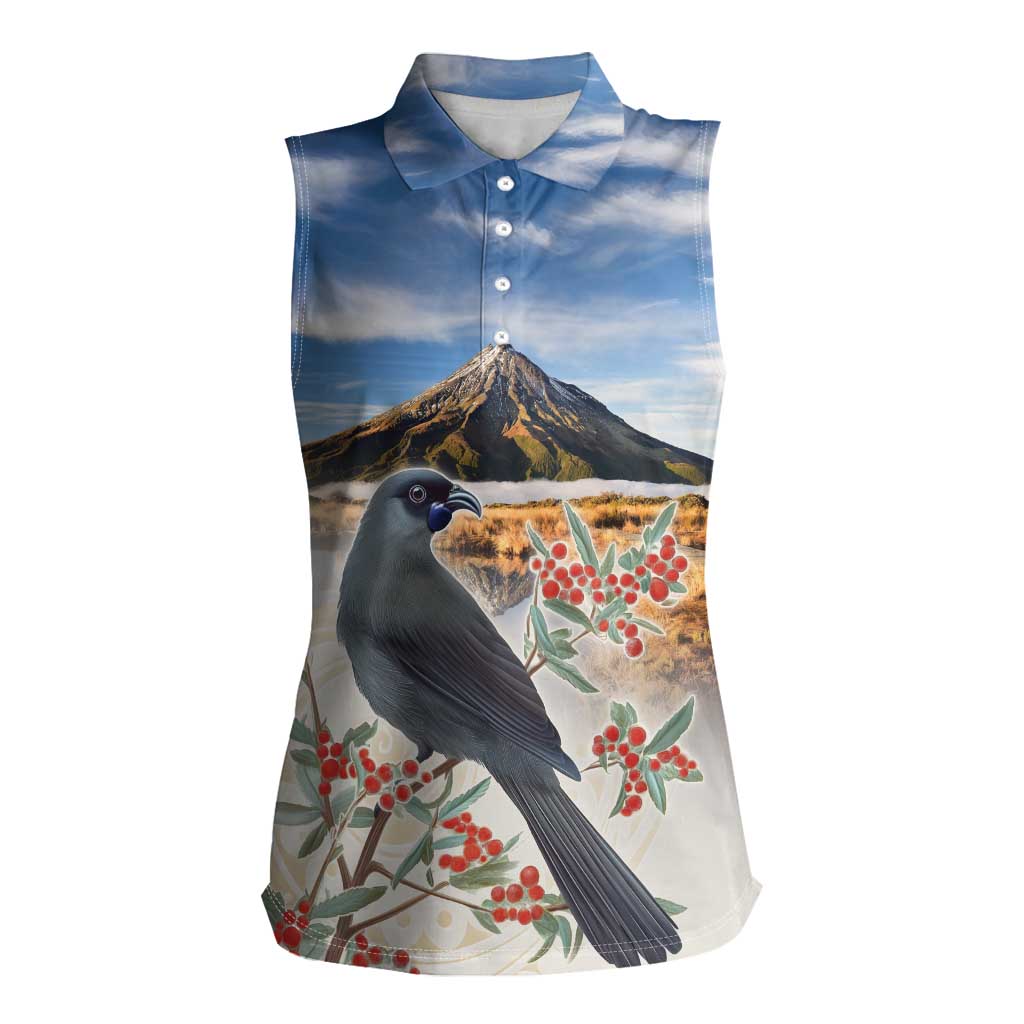New Zealand Mount Taranaki Landscape Women Sleeveless Polo Shirt Kokako Bird Polynesian Style LT05 Female Blue - Polynesian Pride