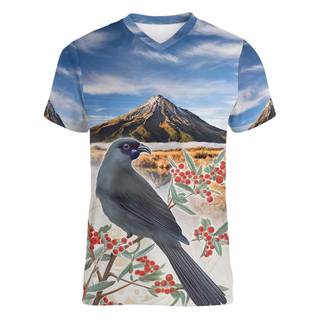 New Zealand Mount Taranaki Landscape Women V-Neck T-Shirt Kokako Bird Polynesian Style LT05 Female Blue - Polynesian Pride