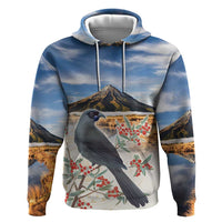 New Zealand Mount Taranaki Landscape Zip Hoodie Kokako Bird Polynesian Style LT05 Pullover Hoodie Blue - Polynesian Pride