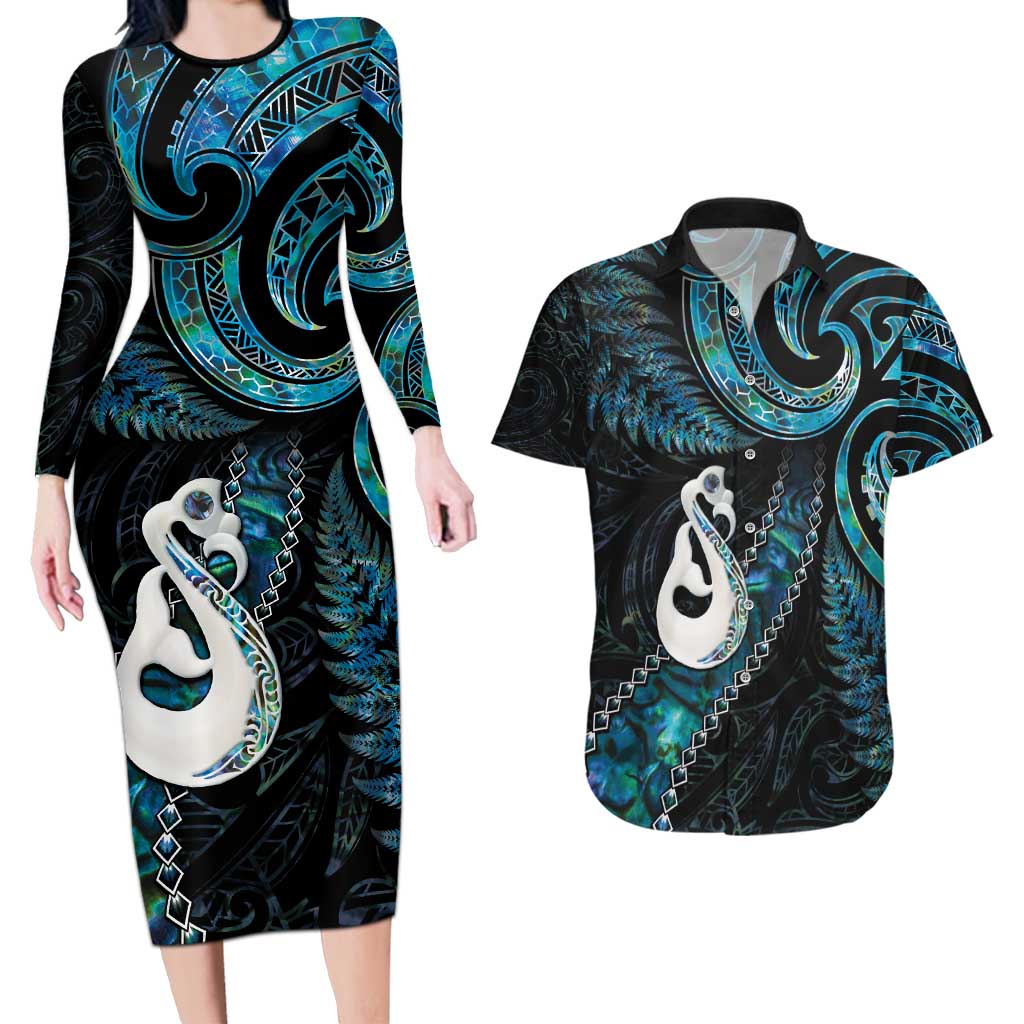 New Zealand Aotearoa Couples Matching Long Sleeve Bodycon Dress and Hawaiian Shirt Maori Manaia Paua Shell Glitter Turquoise LT05 Turquoise - Polynesian Pride