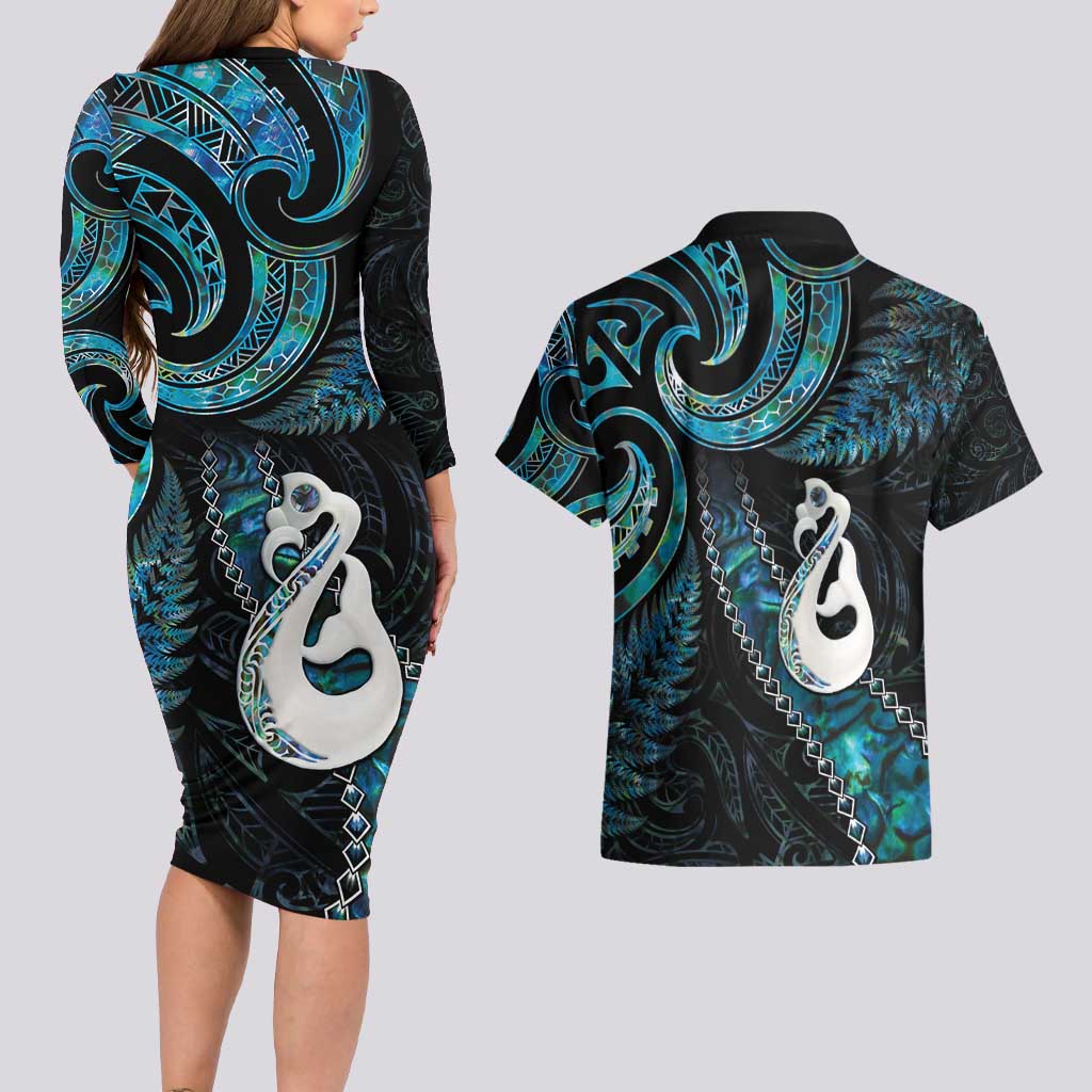 New Zealand Aotearoa Couples Matching Long Sleeve Bodycon Dress and Hawaiian Shirt Maori Manaia Paua Shell Glitter Turquoise LT05 - Polynesian Pride