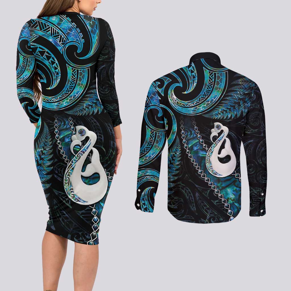 New Zealand Aotearoa Couples Matching Long Sleeve Bodycon Dress and Long Sleeve Button Shirt Maori Manaia Paua Shell Glitter Turquoise LT05 - Polynesian Pride