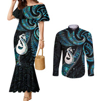 New Zealand Aotearoa Couples Matching Mermaid Dress and Long Sleeve Button Shirt Maori Manaia Paua Shell Glitter Turquoise LT05 Turquoise - Polynesian Pride