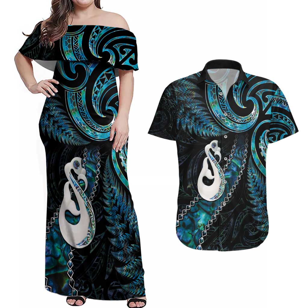 New Zealand Aotearoa Couples Matching Off Shoulder Maxi Dress and Hawaiian Shirt Maori Manaia Paua Shell Glitter Turquoise LT05 Turquoise - Polynesian Pride