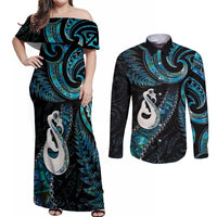 New Zealand Aotearoa Couples Matching Off Shoulder Maxi Dress and Long Sleeve Button Shirt Maori Manaia Paua Shell Glitter Turquoise LT05 Turquoise - Polynesian Pride