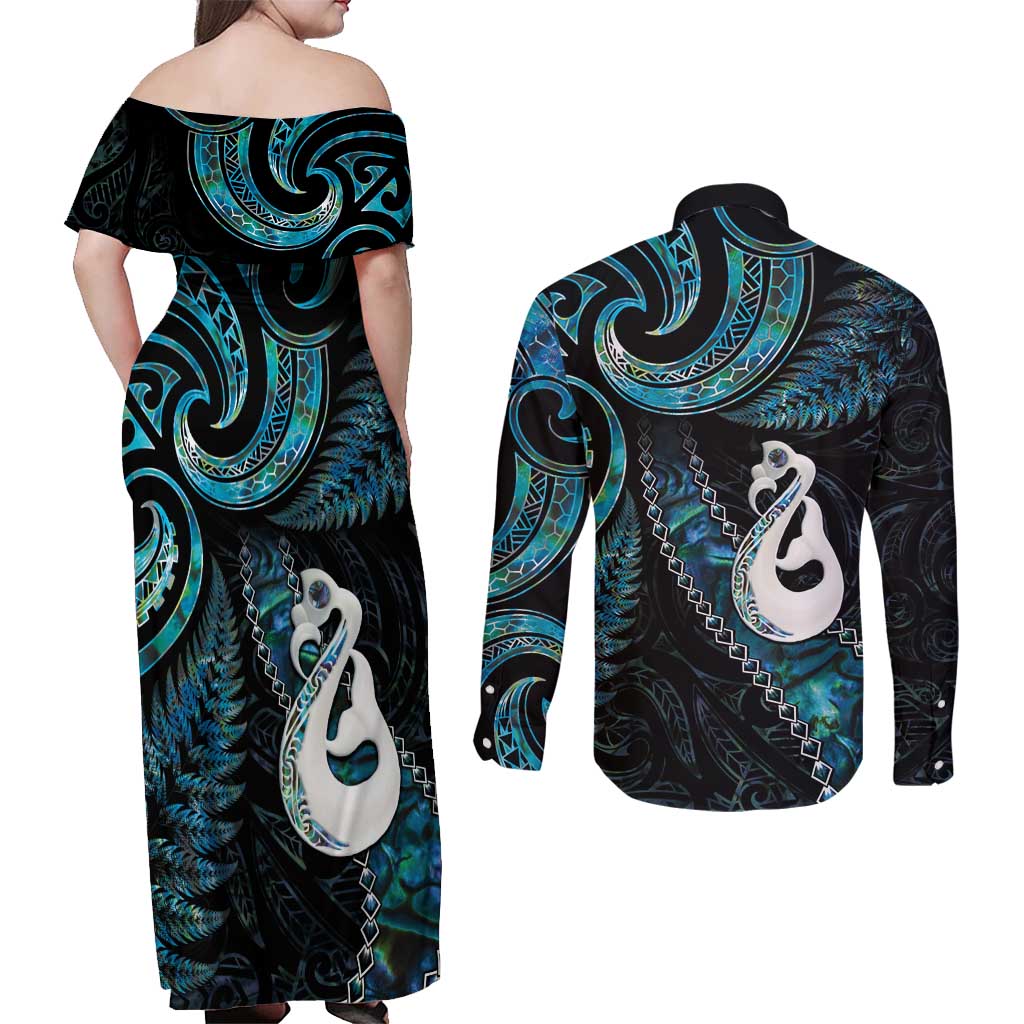 New Zealand Aotearoa Couples Matching Off Shoulder Maxi Dress and Long Sleeve Button Shirt Maori Manaia Paua Shell Glitter Turquoise LT05 - Polynesian Pride