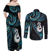 New Zealand Aotearoa Couples Matching Off Shoulder Maxi Dress and Long Sleeve Button Shirt Maori Manaia Paua Shell Glitter Turquoise LT05 - Polynesian Pride