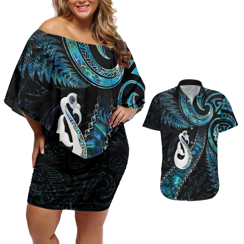 New Zealand Aotearoa Couples Matching Off Shoulder Short Dress and Hawaiian Shirt Maori Manaia Paua Shell Glitter Turquoise LT05 Turquoise - Polynesian Pride