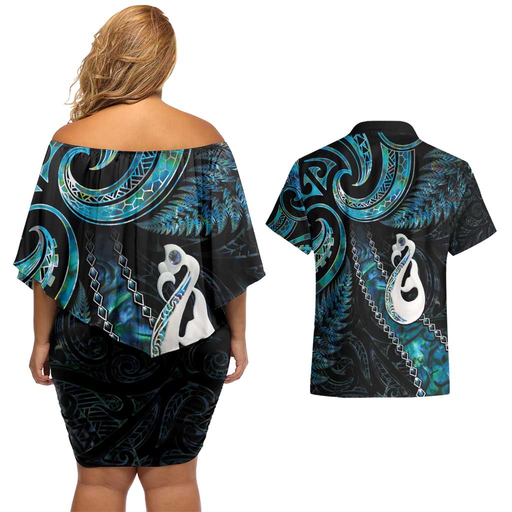 New Zealand Aotearoa Couples Matching Off Shoulder Short Dress and Hawaiian Shirt Maori Manaia Paua Shell Glitter Turquoise LT05 - Polynesian Pride