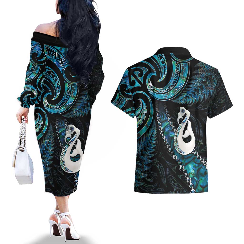 New Zealand Aotearoa Couples Matching Off The Shoulder Long Sleeve Dress and Hawaiian Shirt Maori Manaia Paua Shell Glitter Turquoise LT05 - Polynesian Pride