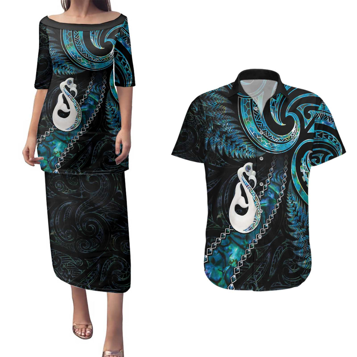 New Zealand Aotearoa Couples Matching Puletasi and Hawaiian Shirt Maori Manaia Paua Shell Glitter Turquoise LT05 Turquoise - Polynesian Pride