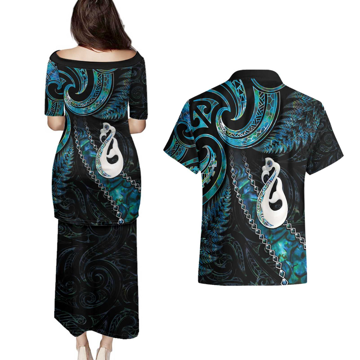 New Zealand Aotearoa Couples Matching Puletasi and Hawaiian Shirt Maori Manaia Paua Shell Glitter Turquoise LT05 - Polynesian Pride